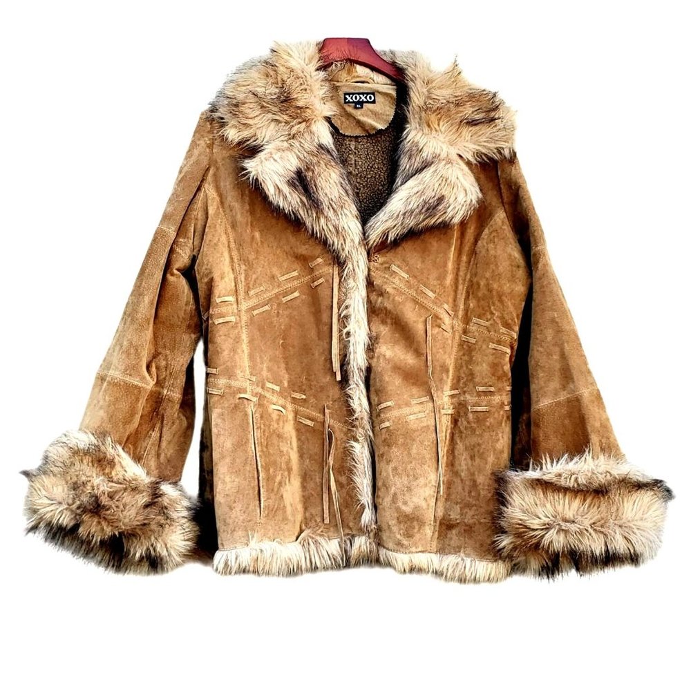Vintage Y2K 90s Suede Coat L XL Penny Lane XOXO Faux Fur Collar - Picture 1 of 12